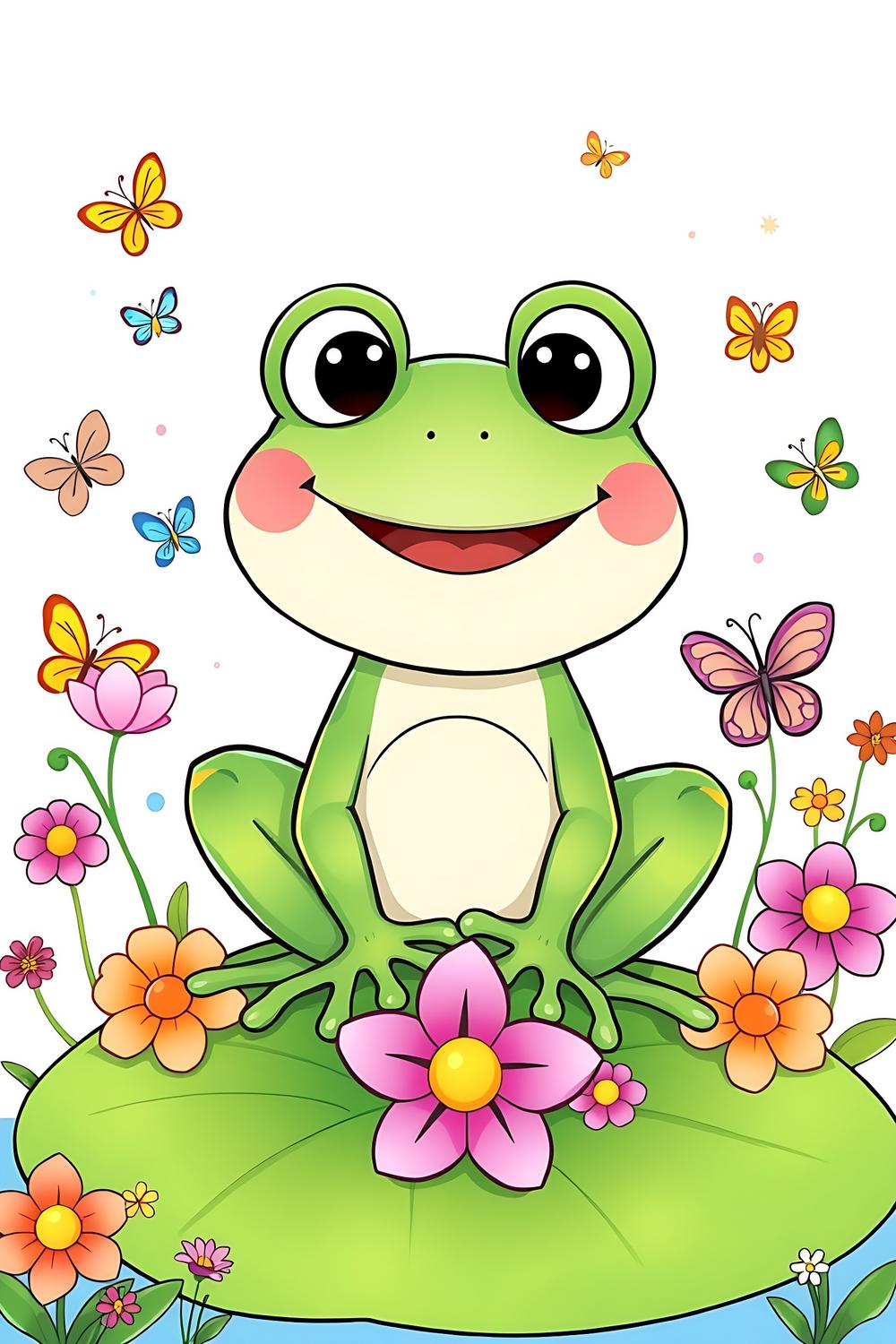 Cute cartoon-style frog sitting on a lily pad, colorful flowers around, perfect for kids coloring book.