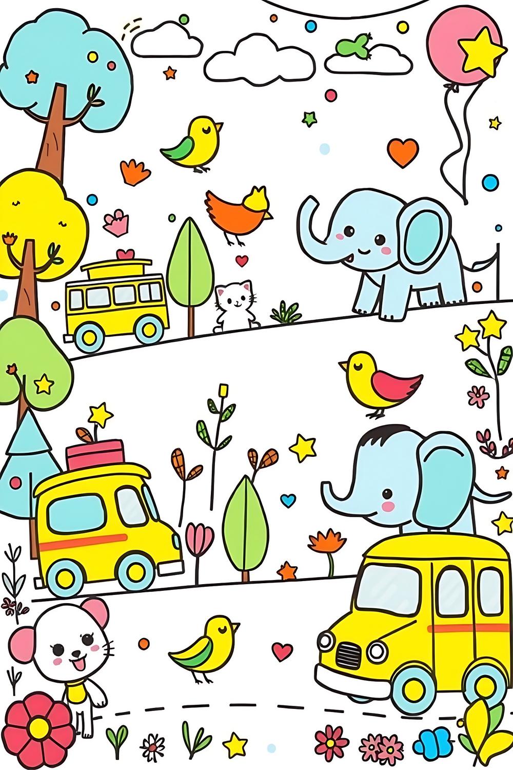 Colorful printable coloring pages for kids featuring animals and transportation.