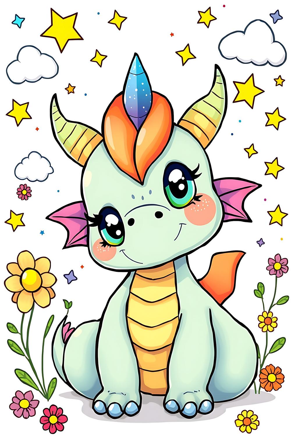 Cute colorful mystical dragon with big sparkling eyes for coloring