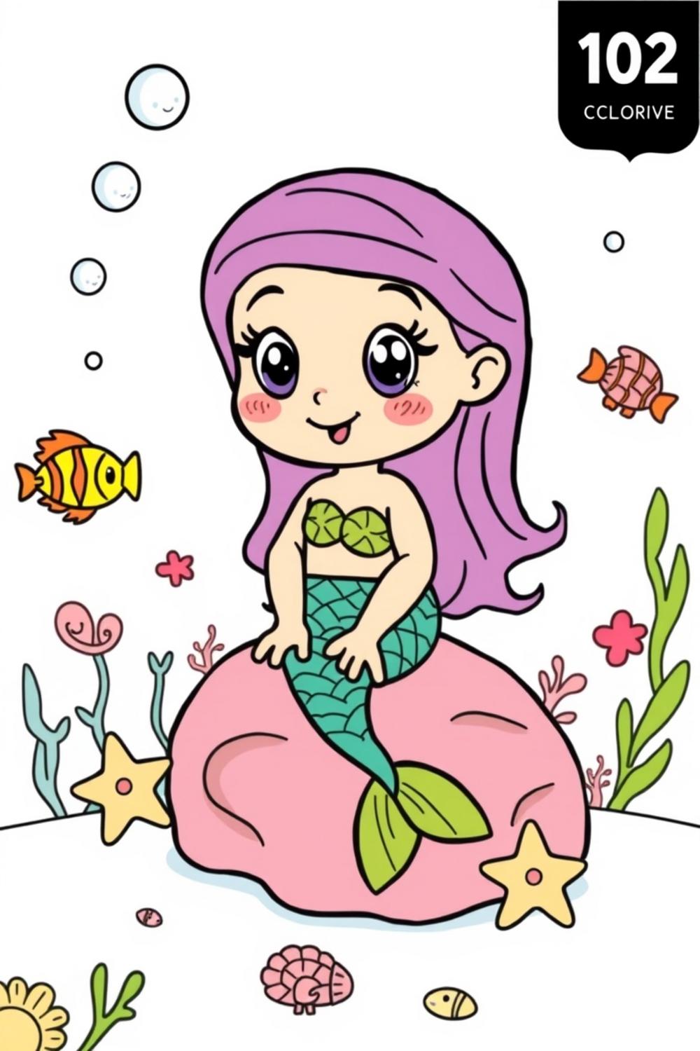 Cute mermaid coloring page with bold lines and whimsical sea creatures
