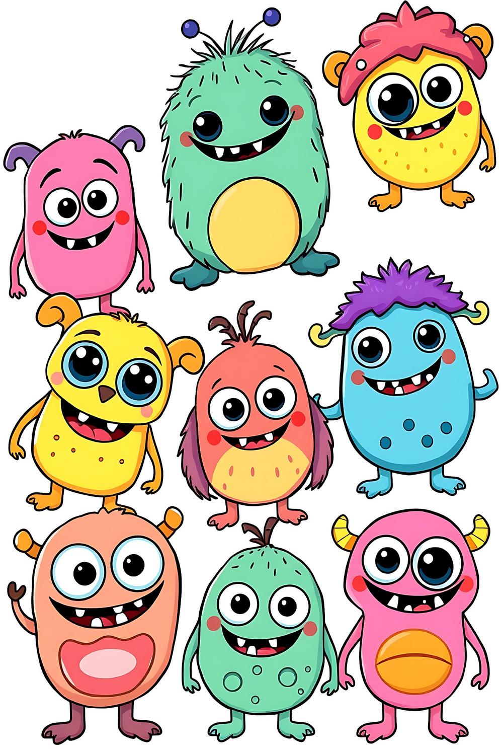 Colorful cartoon-style monster coloring pages for kids