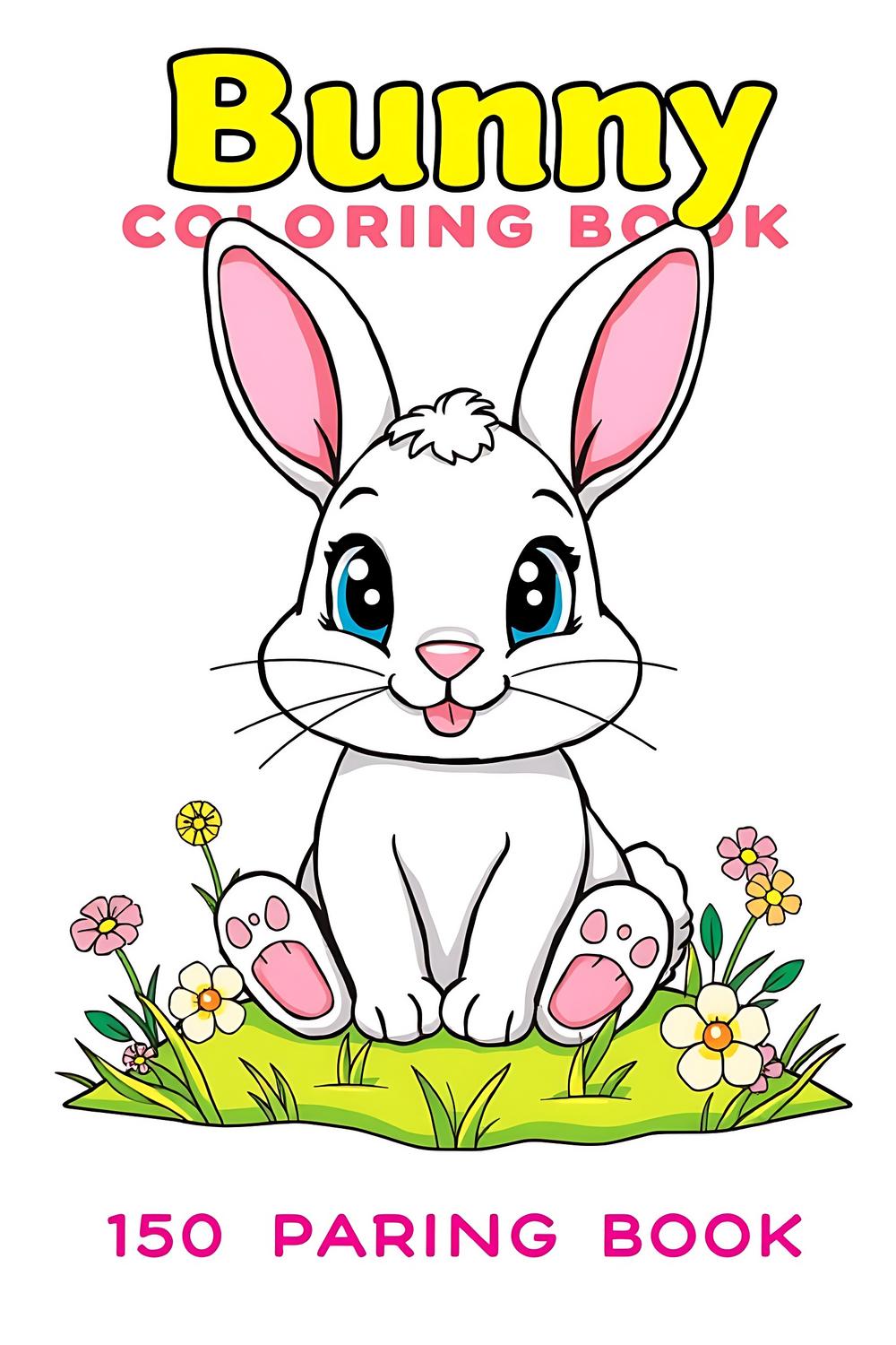 Cute bunny coloring book cover featuring a happy bunny in a vibrant cartoon style.