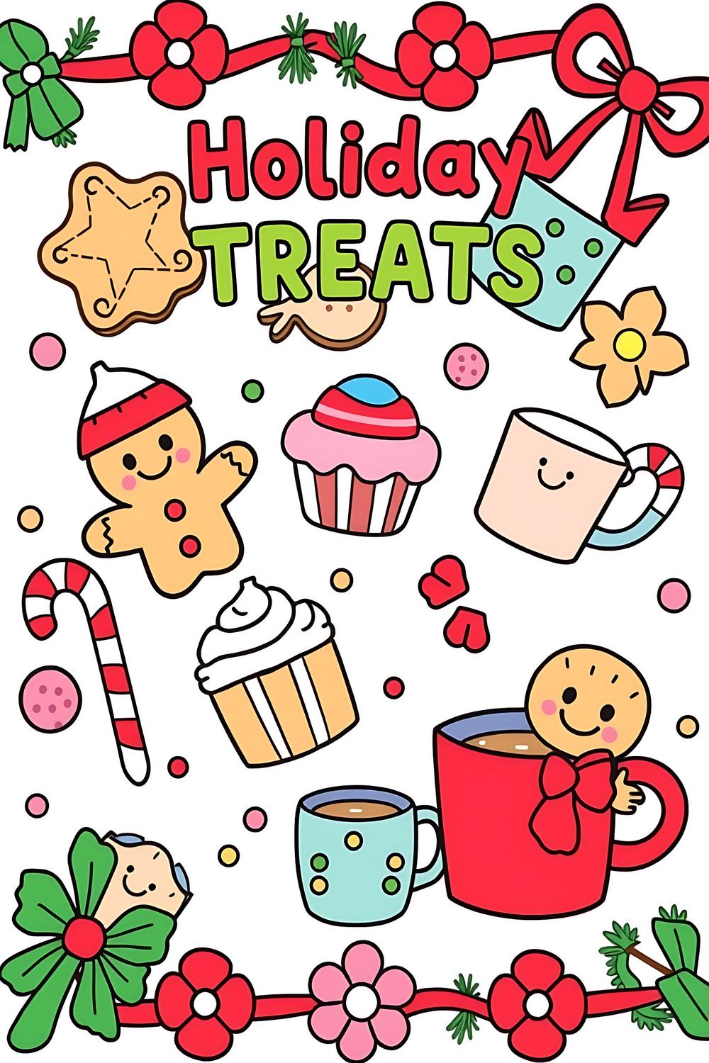 Cheerful holiday treats coloring pages featuring cookies, cupcakes, and festive designs for kids.