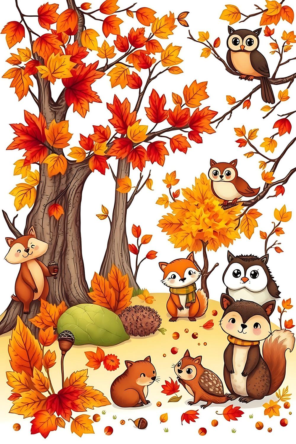 Cute autumn coloring pages featuring woodland animals and fall foliage