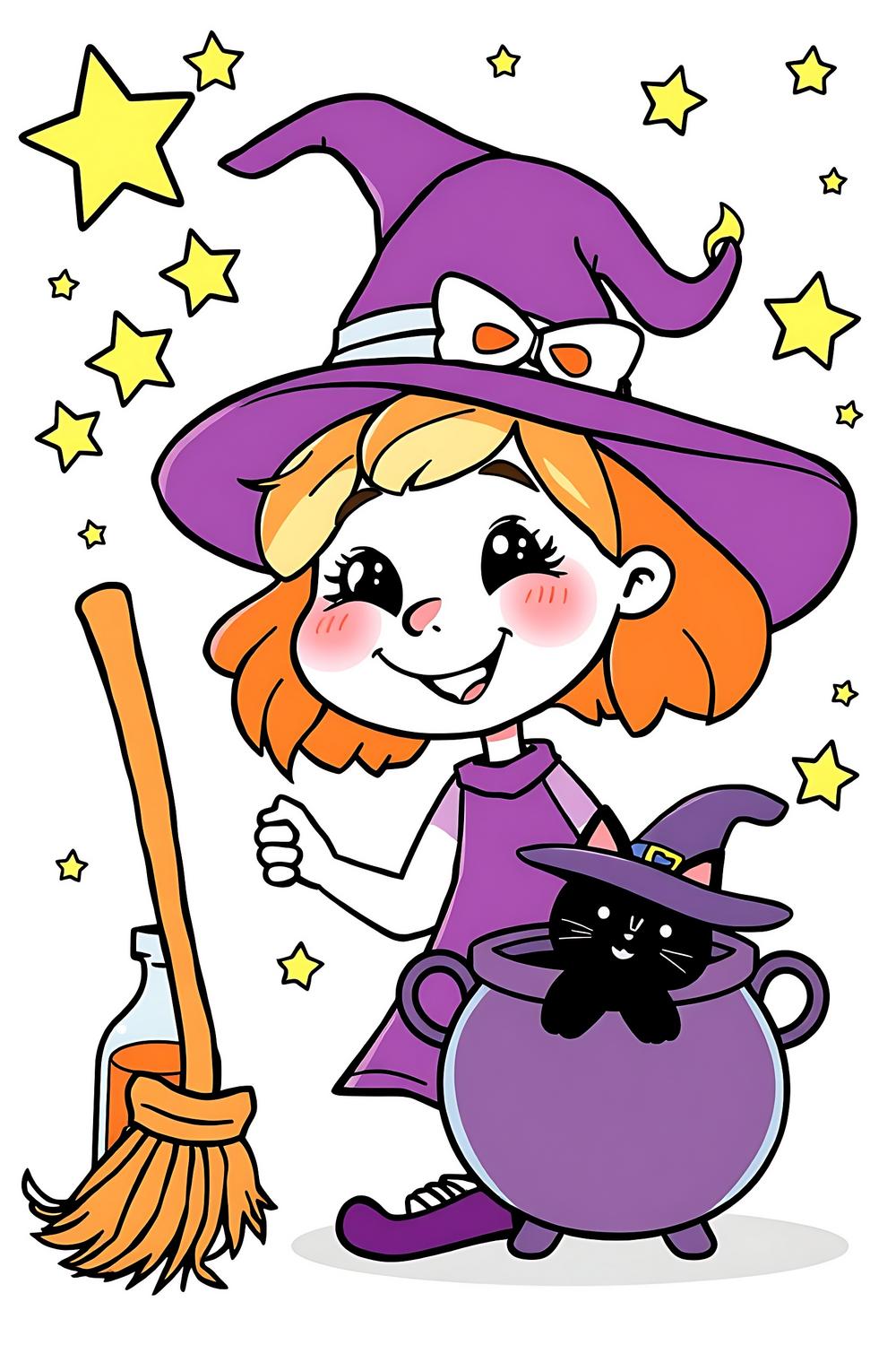 Colorful illustration of a cute and funny witch with magical elements for kids coloring.