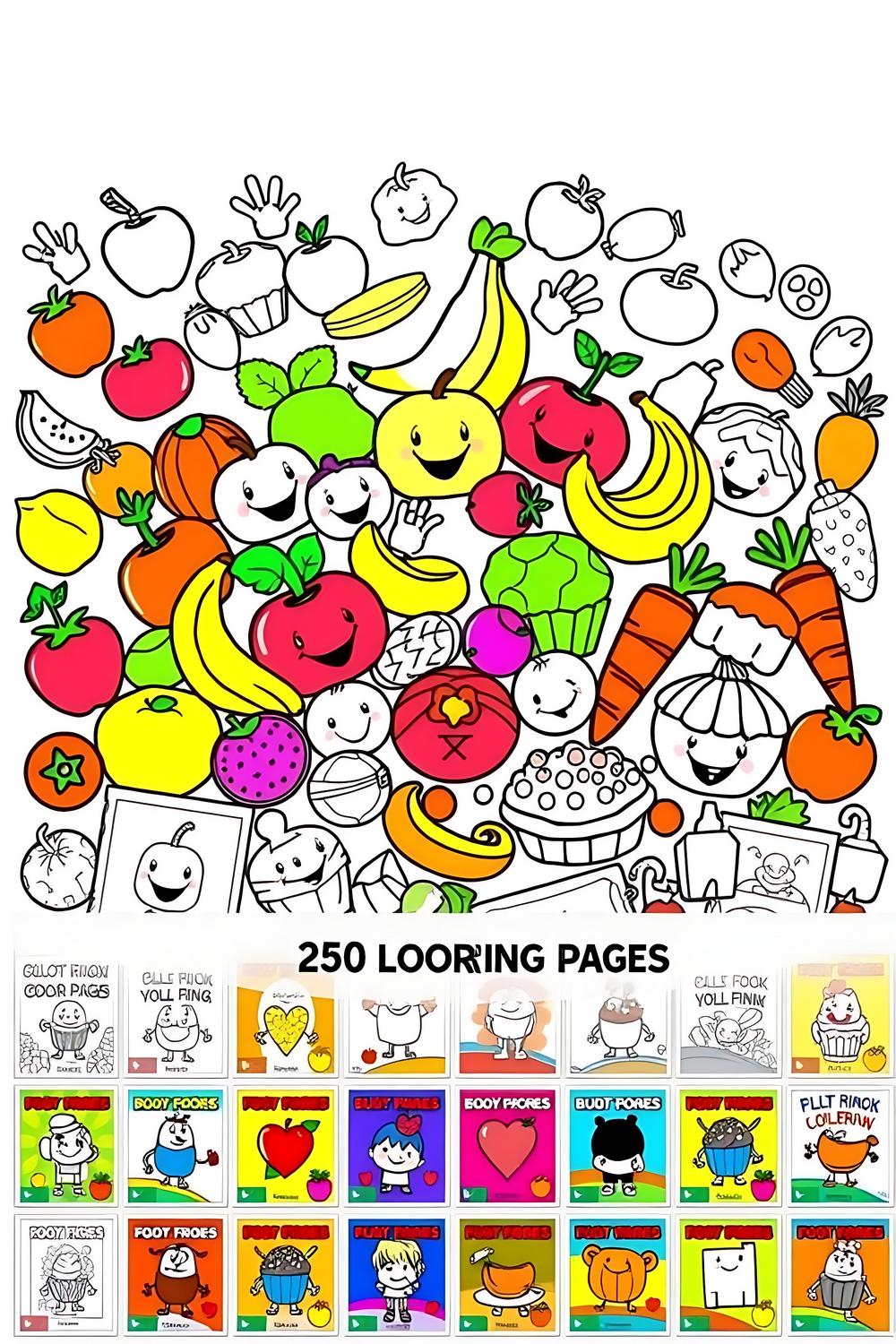 250 fun food coloring pages featuring cheerful characters like apples, bananas, and cupcakes.