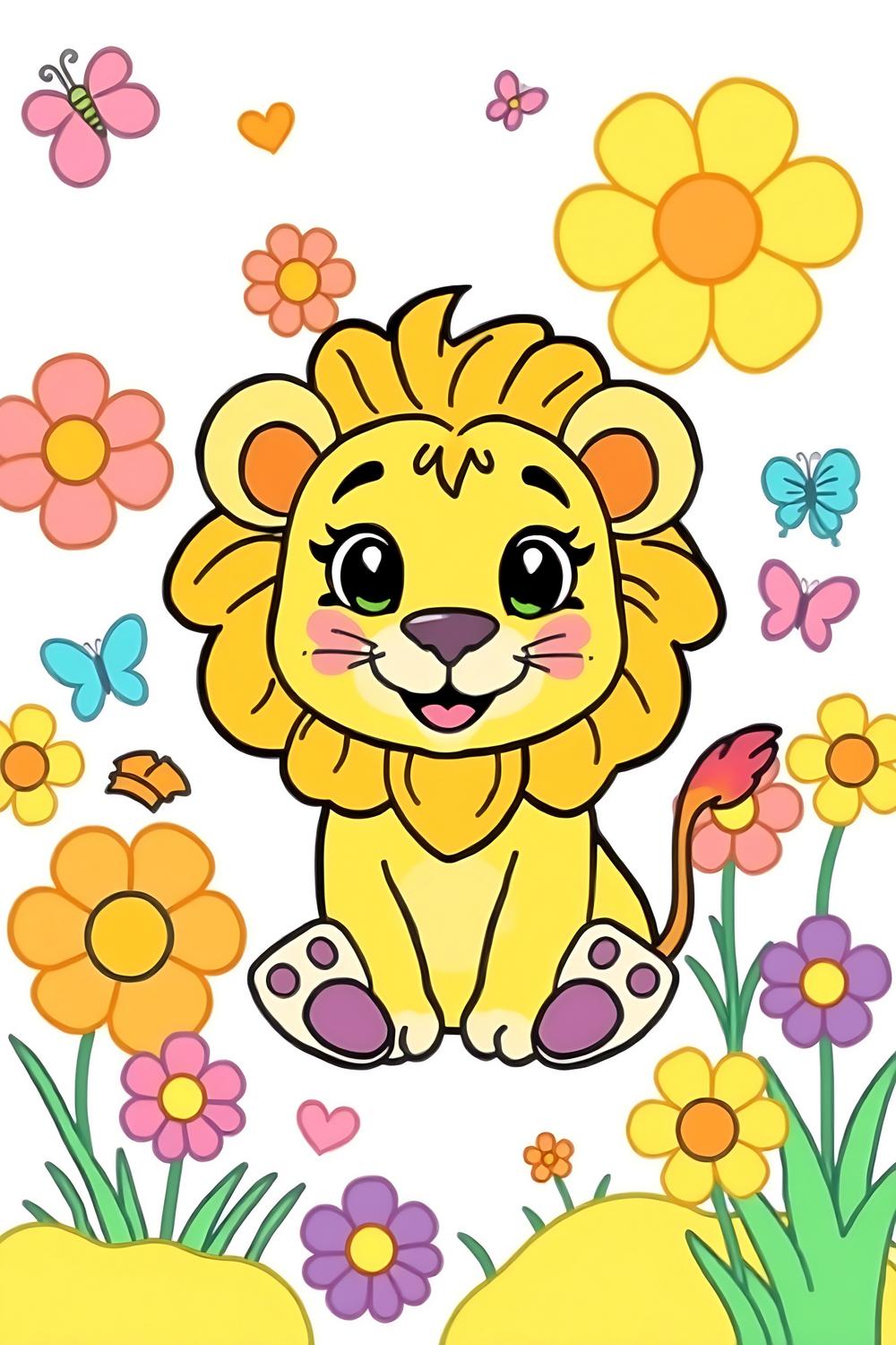 Cute lion surrounded by flowers for coloring, perfect for kids' creativity.