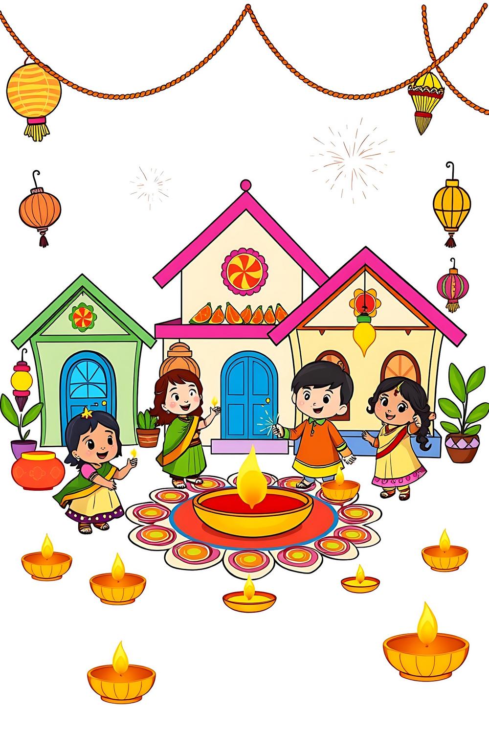 Colorful Diwali coloring pages featuring joyful kids and bright decorations.