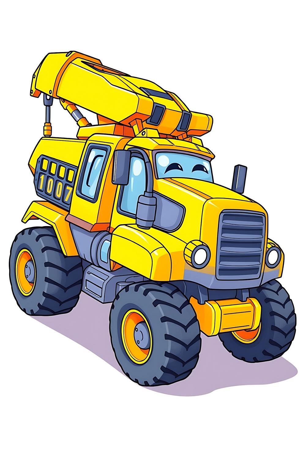 Colorful cartoon-style illustration of a large futuristic construction truck for kids