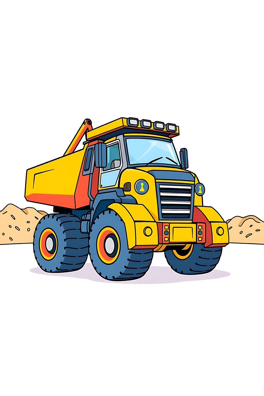 Colorful cartoon illustration of a large futuristic construction truck for kids coloring pages
