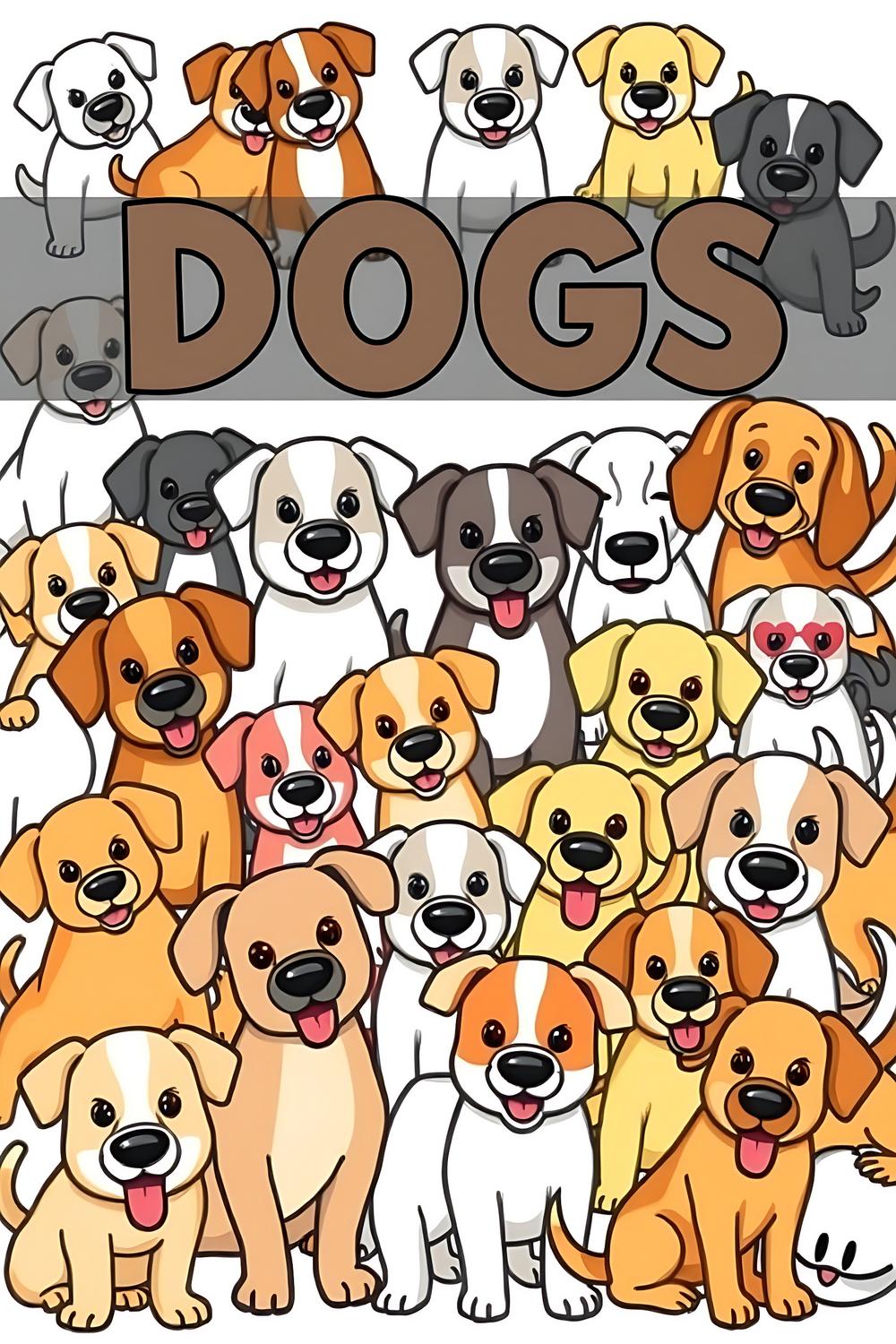 Colorful cartoon illustration of various dog breeds designed for coloring.