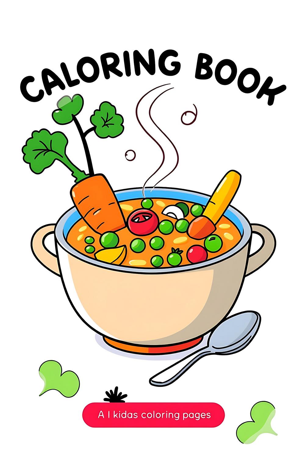 Colorful cartoon-style illustration of a vibrant bowl of soup filled with vegetables.