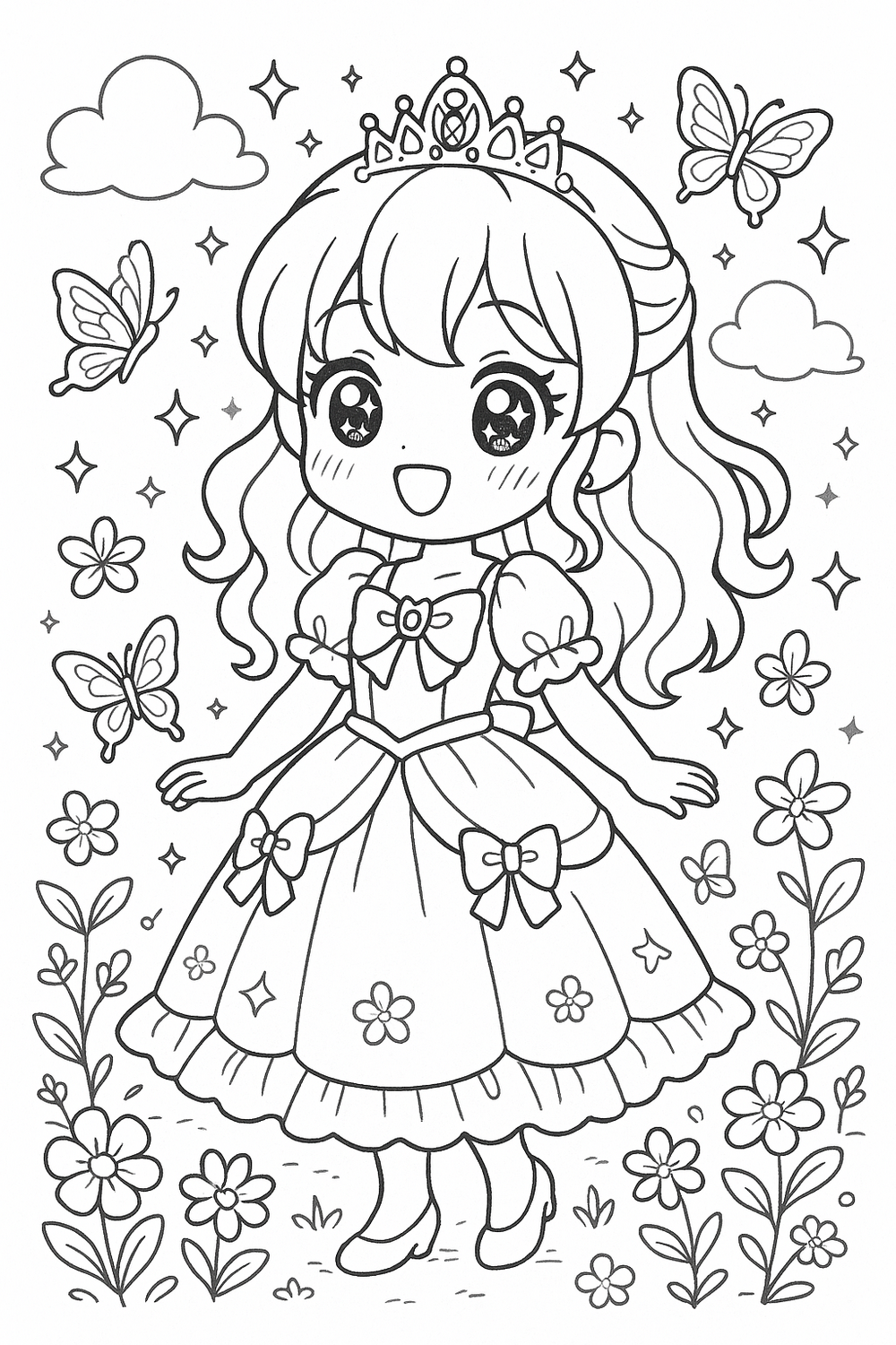 Cute anime princess coloring page with a whimsical garden backdrop.