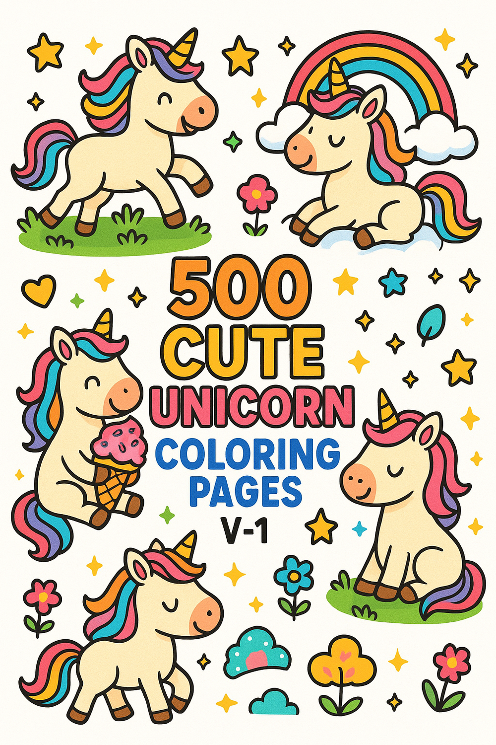 A vibrant and colorful illustration of cute unicorns in a whimsical cartoon style for children.