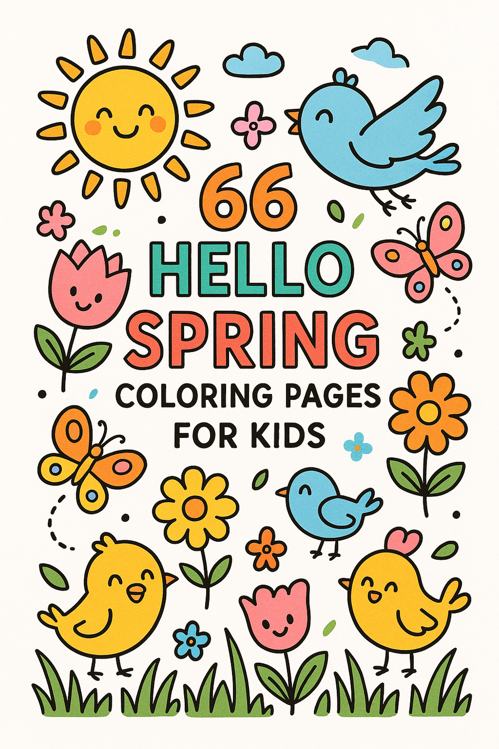 Colorful spring-themed coloring pages for kids featuring flowers and butterflies