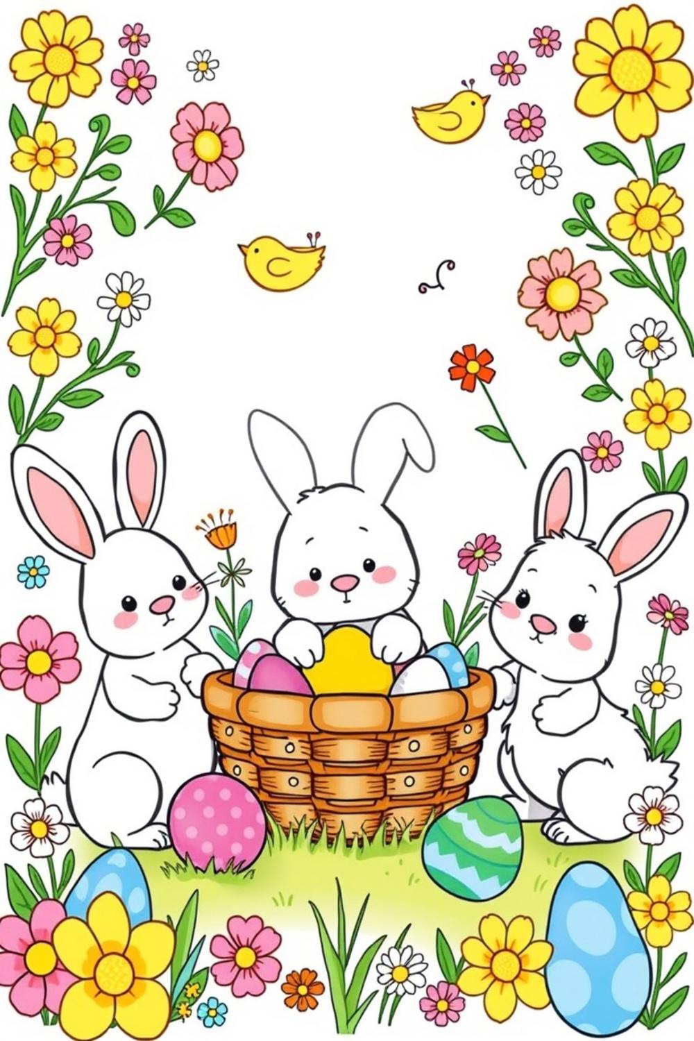 Colorful Easter Cutie Coloring Pages featuring bunnies, chicks, and lambs.