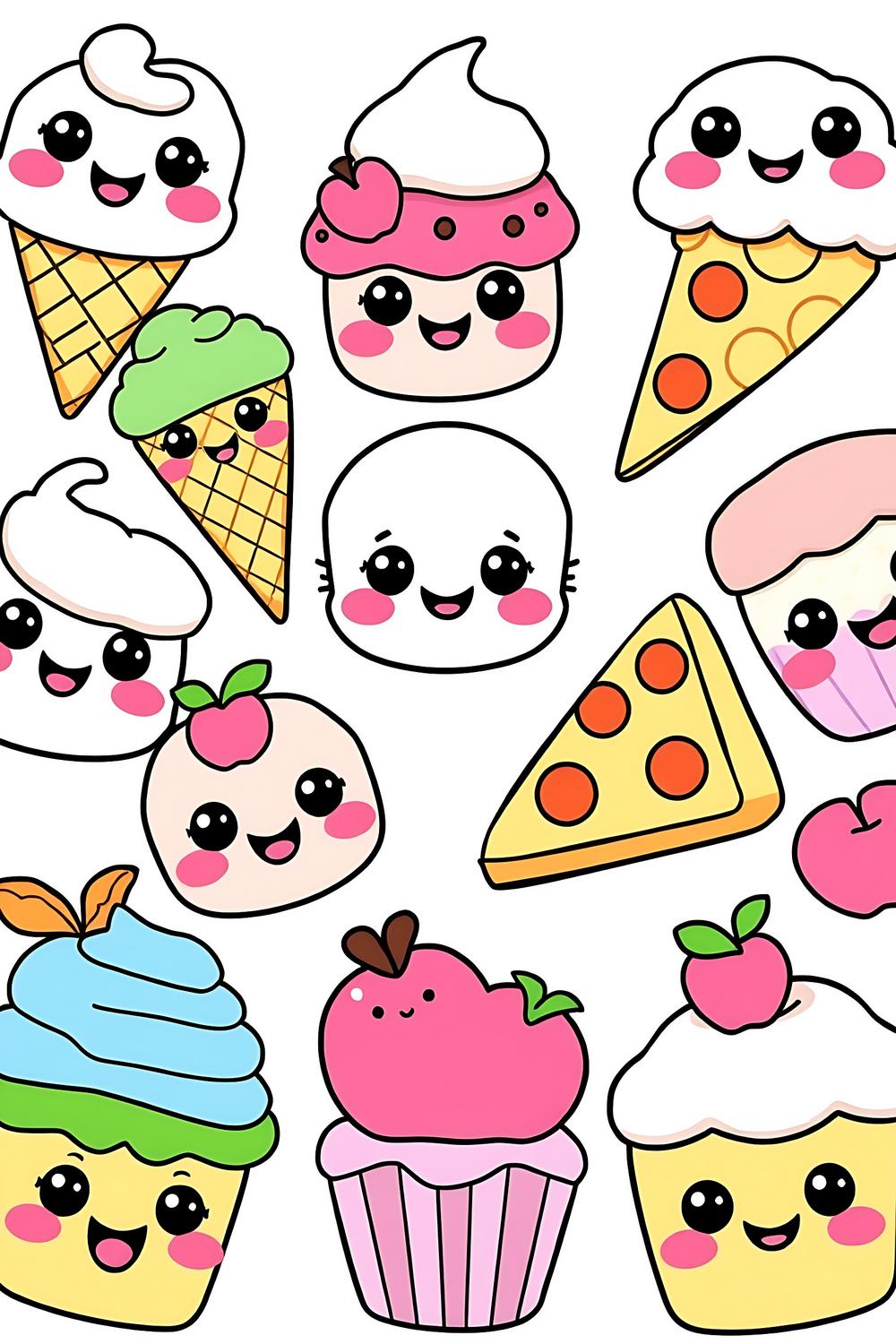 Cute kawaii food coloring pages featuring ice cream, pizza, and cupcakes for kids.