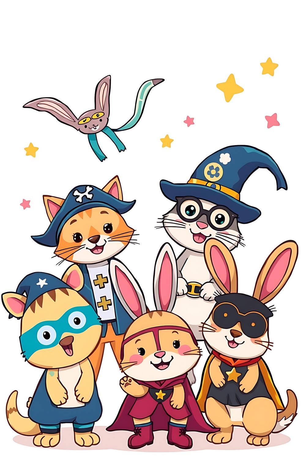 Colorful cartoon coloring pages featuring adorable animals in playful costumes.