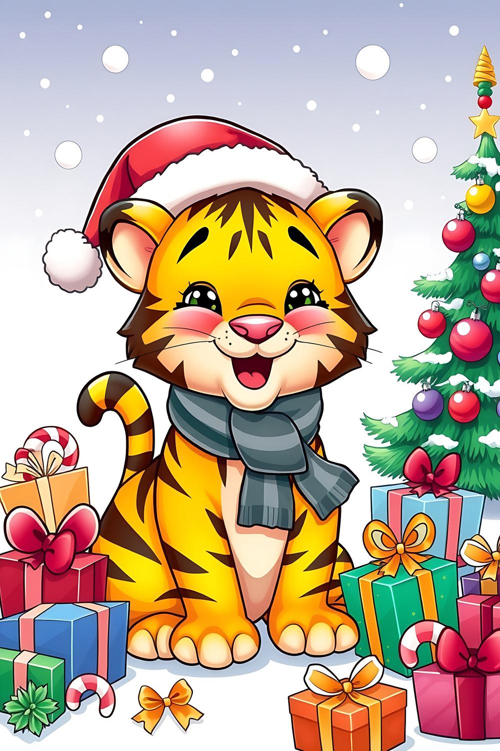 A cute cartoon tiger celebrating Christmas with gifts and snowflakes.