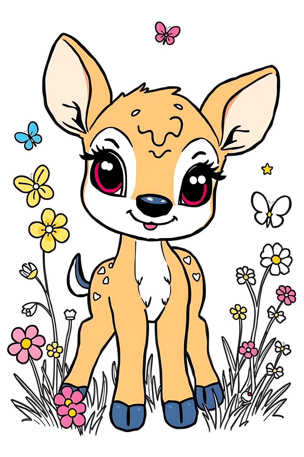 Cute fawn coloring page featuring an adorable fawn with big eyes surrounded by flowers and butterflies.