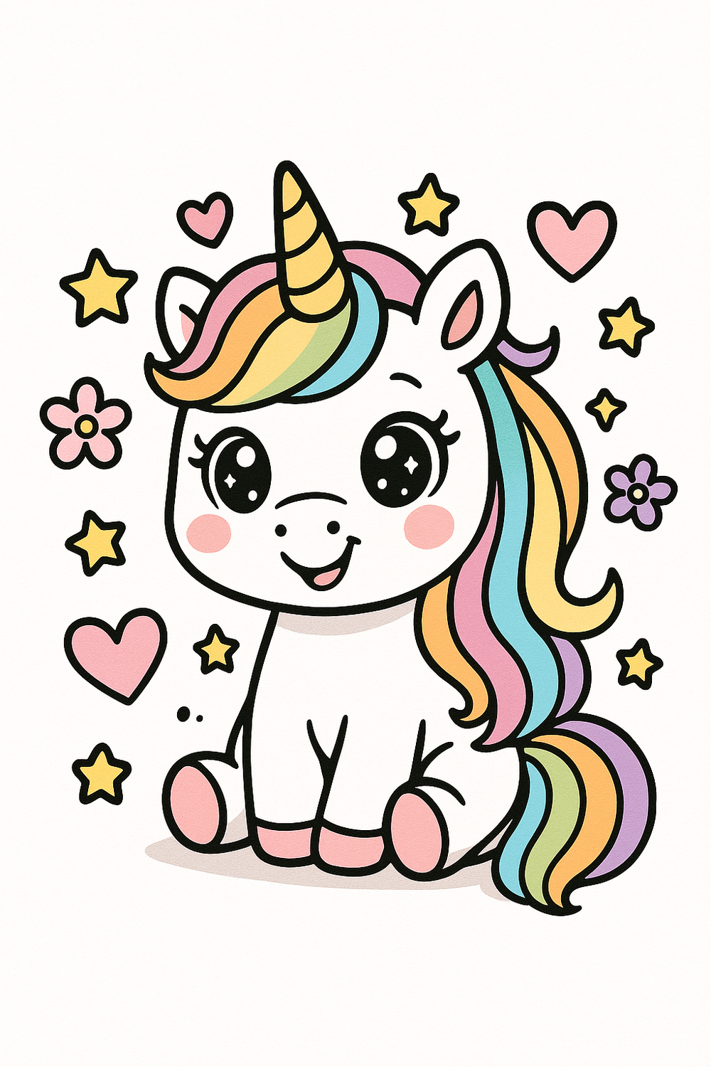 Colorful cute unicorn coloring page for kids, featuring a happy unicorn with a rainbow mane.
