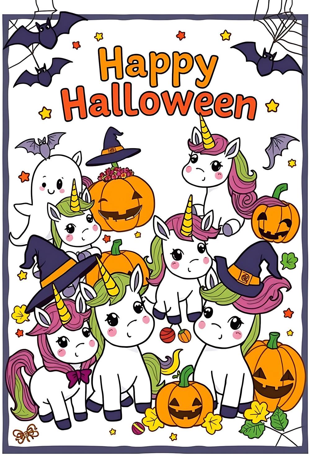 A festive Halloween coloring page with unicorns, pumpkins, and friendly ghosts.