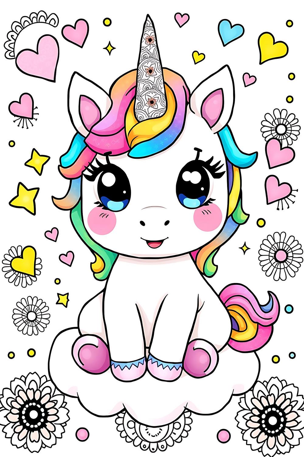 Cute kawaii unicorn coloring pages featuring a unicorn on a cloud.