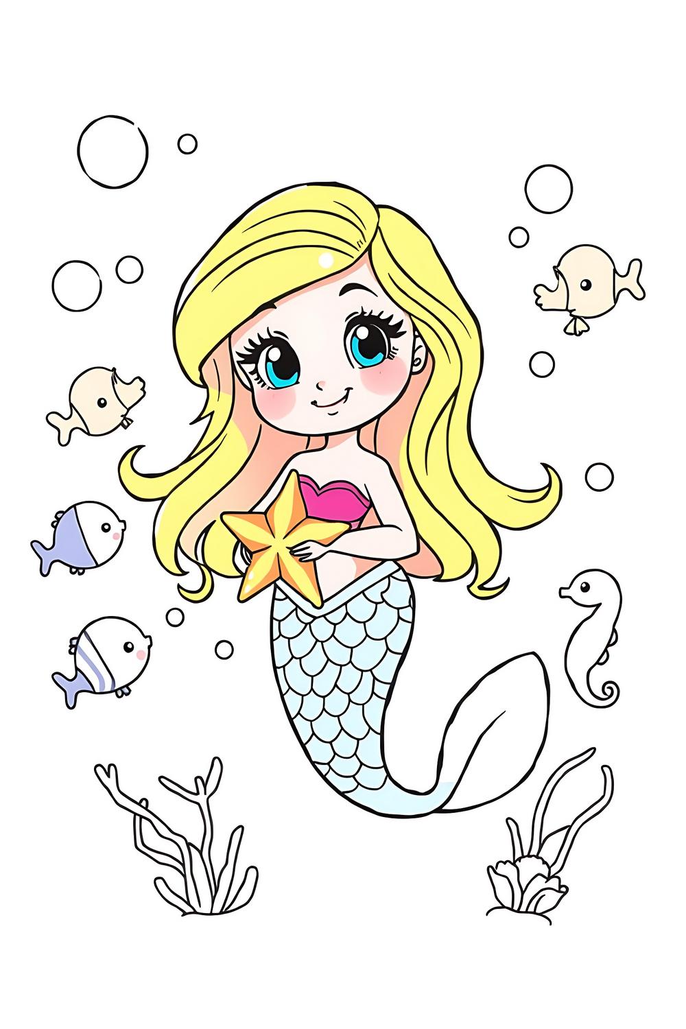 Cute mermaid coloring page for kids featuring a cartoon mermaid with a starfish