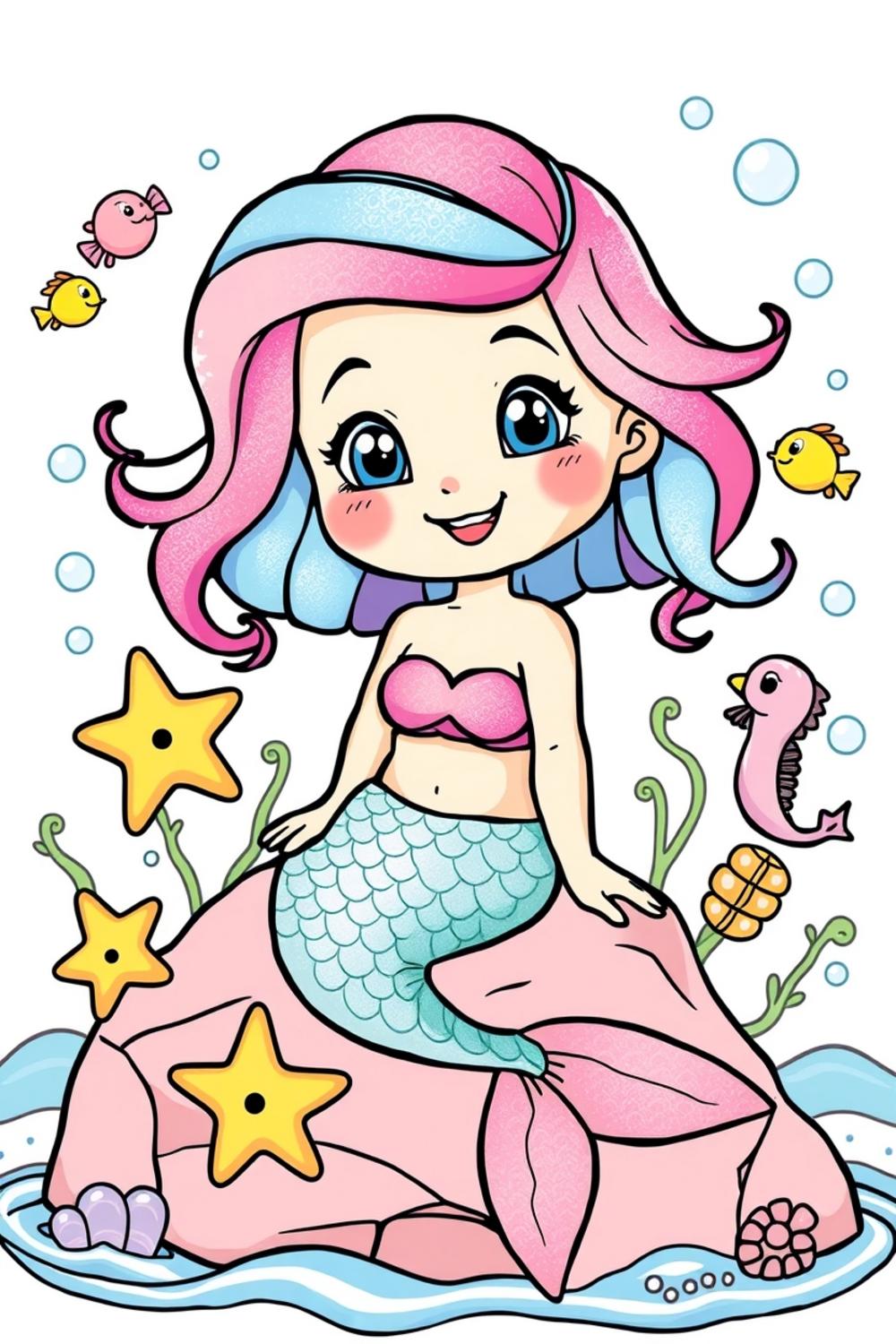 A cute mermaid with colorful flowing hair sitting on a rock, surrounded by friendly sea creatures.