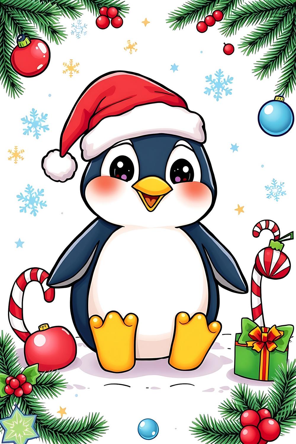 Cute cartoon penguin celebrating Christmas surrounded by festive decorations.
