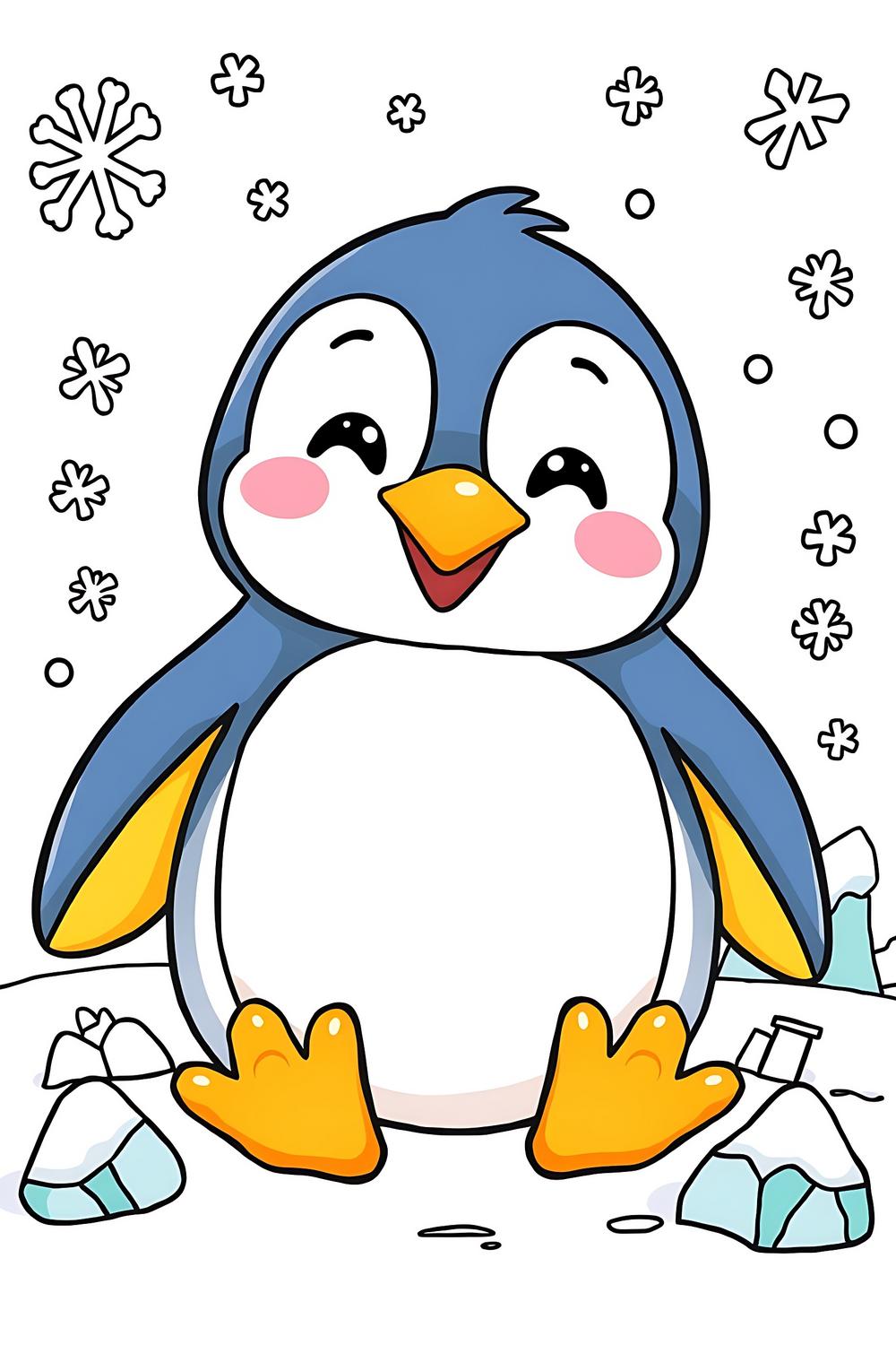 Cute cartoon penguin coloring page for kids with bright colors and fun winter elements.