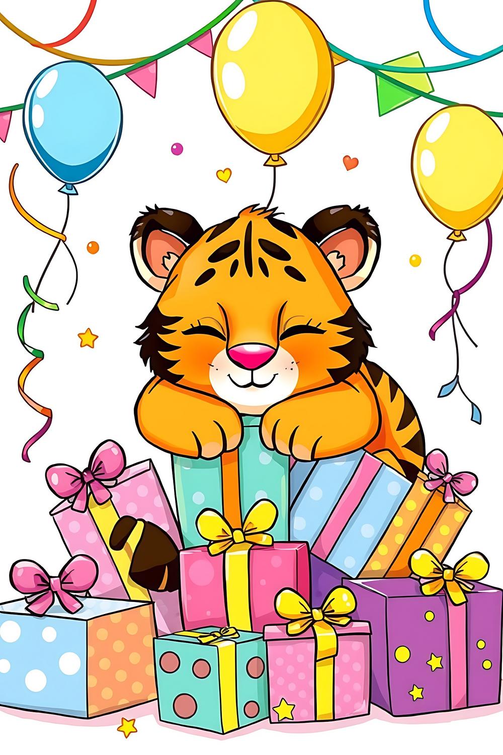 Cute tiger sleeping on colorful presents, perfect for kids' coloring pages.