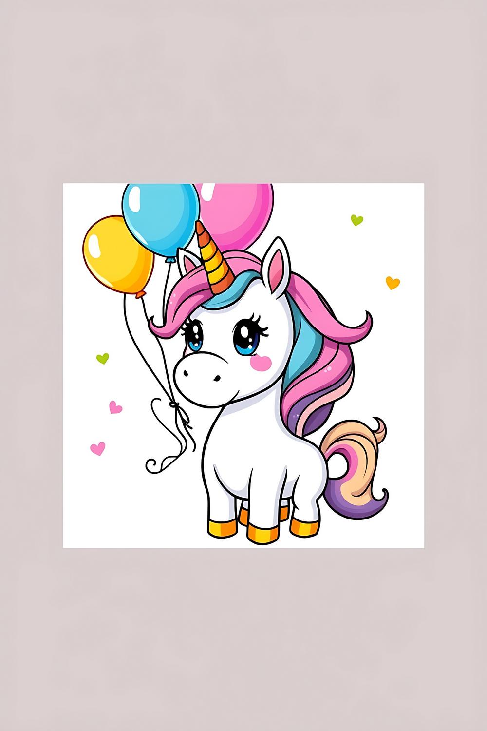 Cute unicorn with colorful balloons coloring page for kids