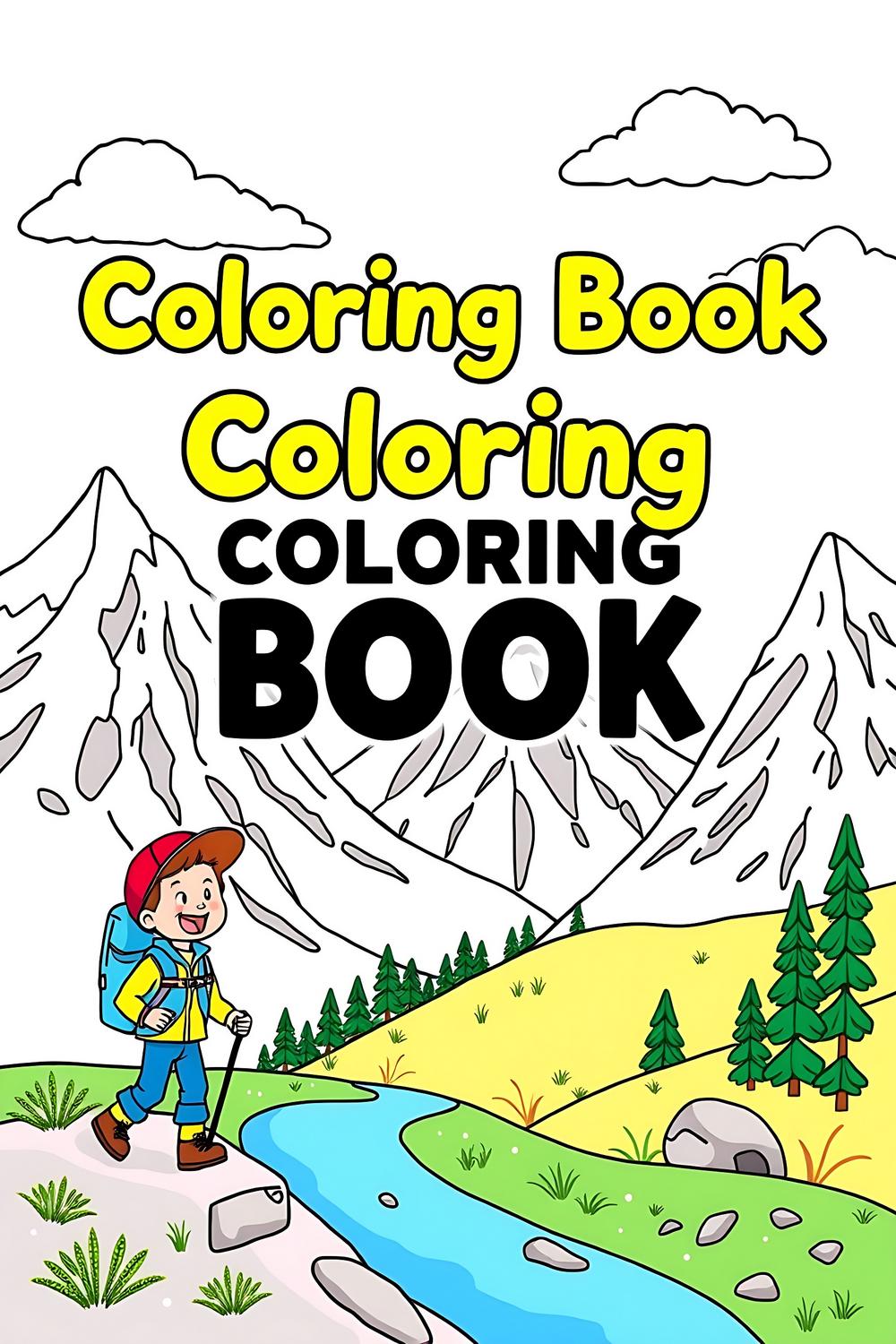 Colorful coloring book cover for kids aged 6-8 featuring mountain scenes.