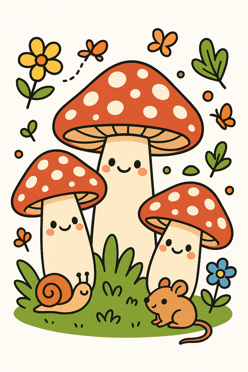 A cute Amanita mushroom coloring book cover for kids.