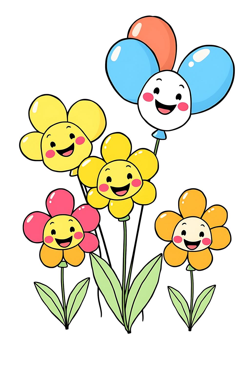 Colorful cartoon balloon flowers designed for coloring fun.