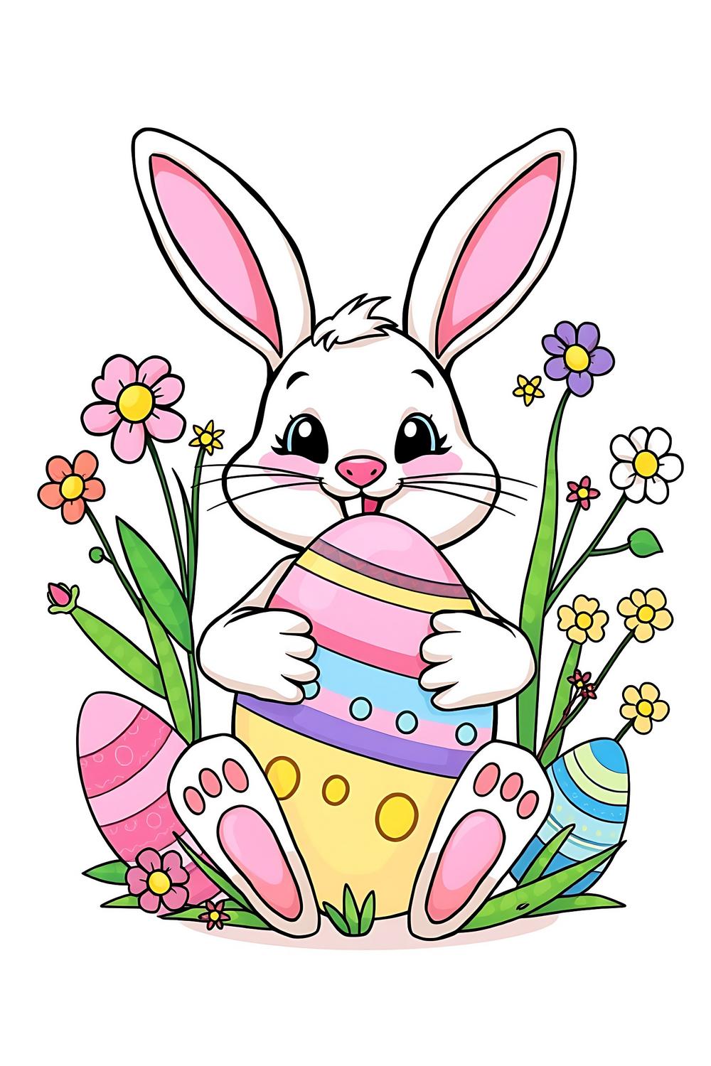Colorful cartoon-style Easter bunny holding an Easter egg, perfect for kids' coloring book