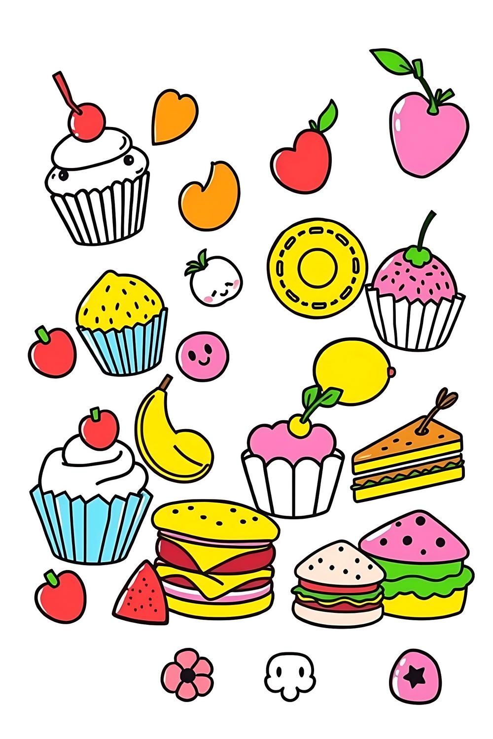 Bold, colorful food and snacks coloring page for kids featuring cupcakes, fruits, and snacks.