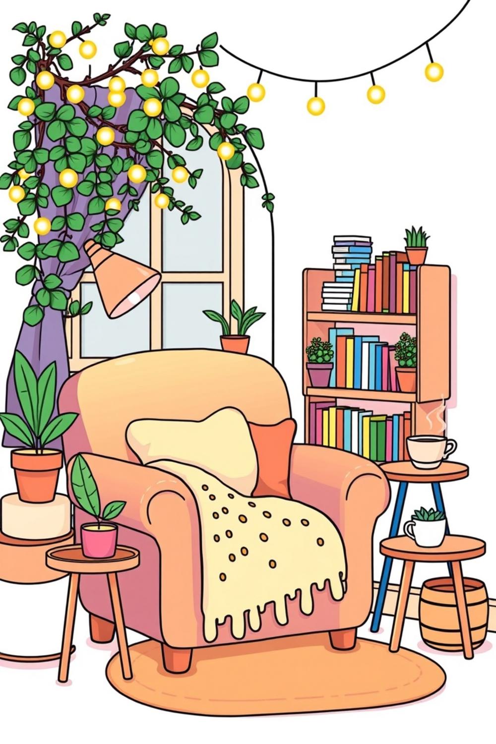 Colorful illustration of a cozy reading nook for the Bold and Easy Hygge Place Coloring Book