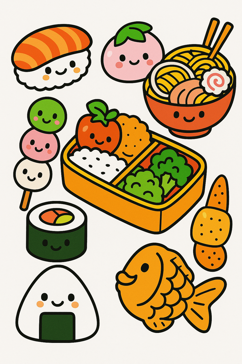Colorful and easy Japanese food coloring pages featuring sushi, ramen, and more for kids.
