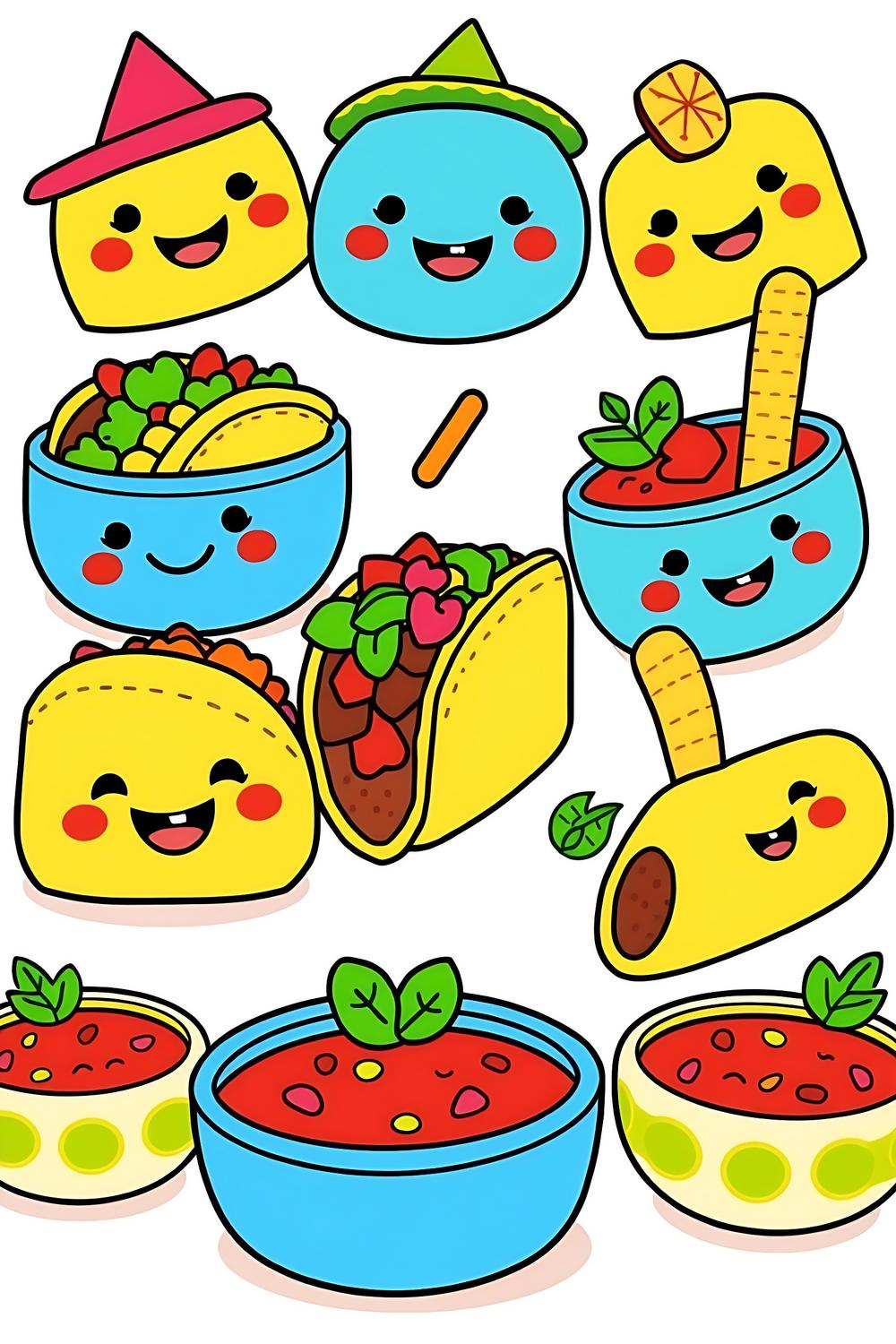 Colorful cartoon illustration of bold Mexican treats for kids coloring pages
