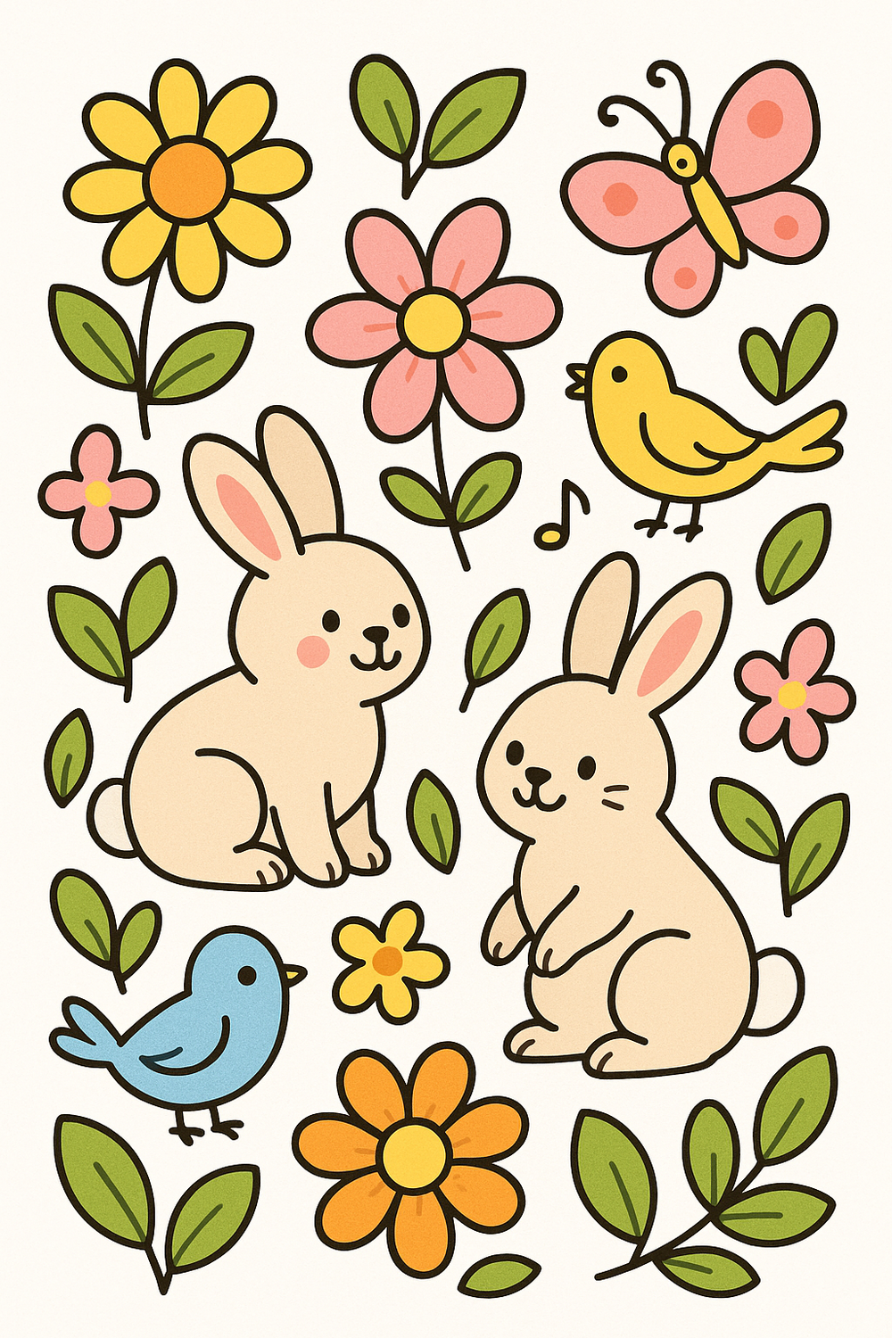 Bold & Easy Spring Coloring Book for Kids featuring cheerful flowers and playful animals.