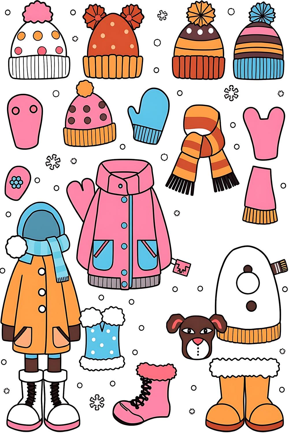 Colorful cartoon winter clothes coloring pages for kids