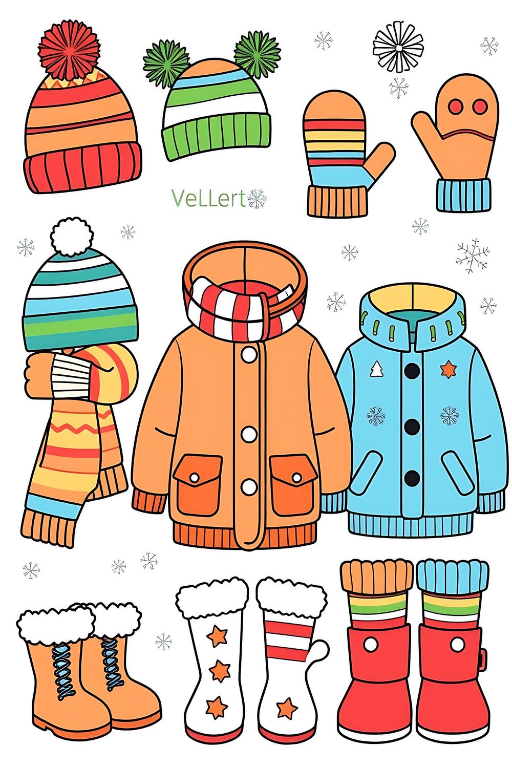 Cute winter clothing illustrations for kids coloring book