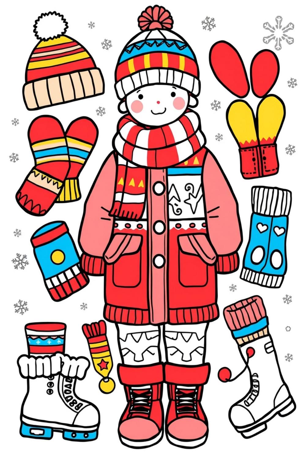 Colorful winter clothes coloring page for kids with cute cartoon designs.