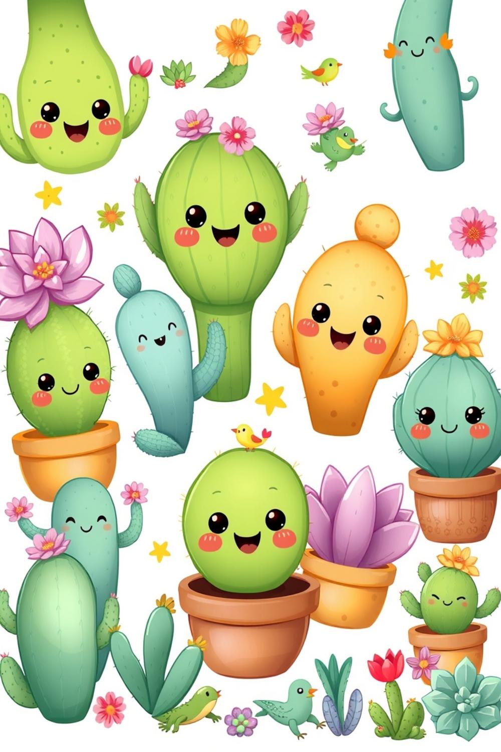Cute cactus and succulent coloring book cover featuring smiling plants and desert animals.