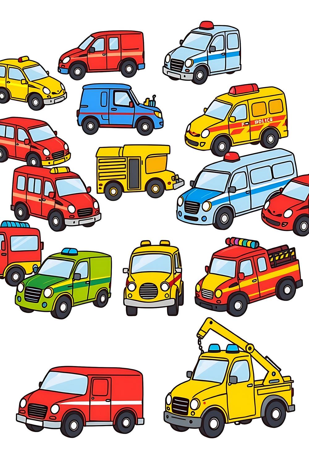 Colorful cartoon cars and special vehicles coloring book pages for kids