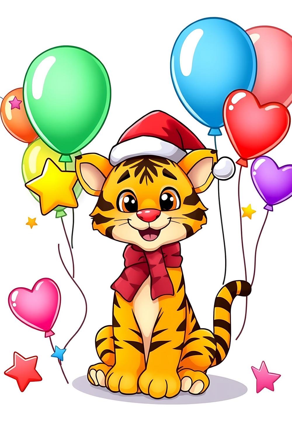 Christmas Tiger coloring page with vibrant balloons