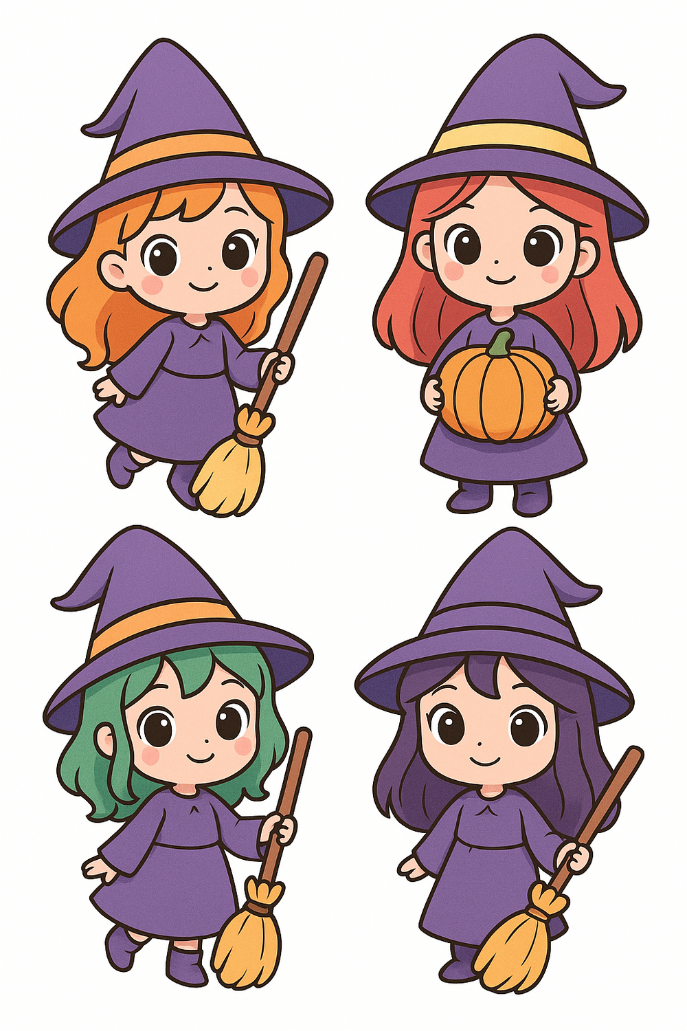 Cute Halloween chibi witches outline drawing for kids