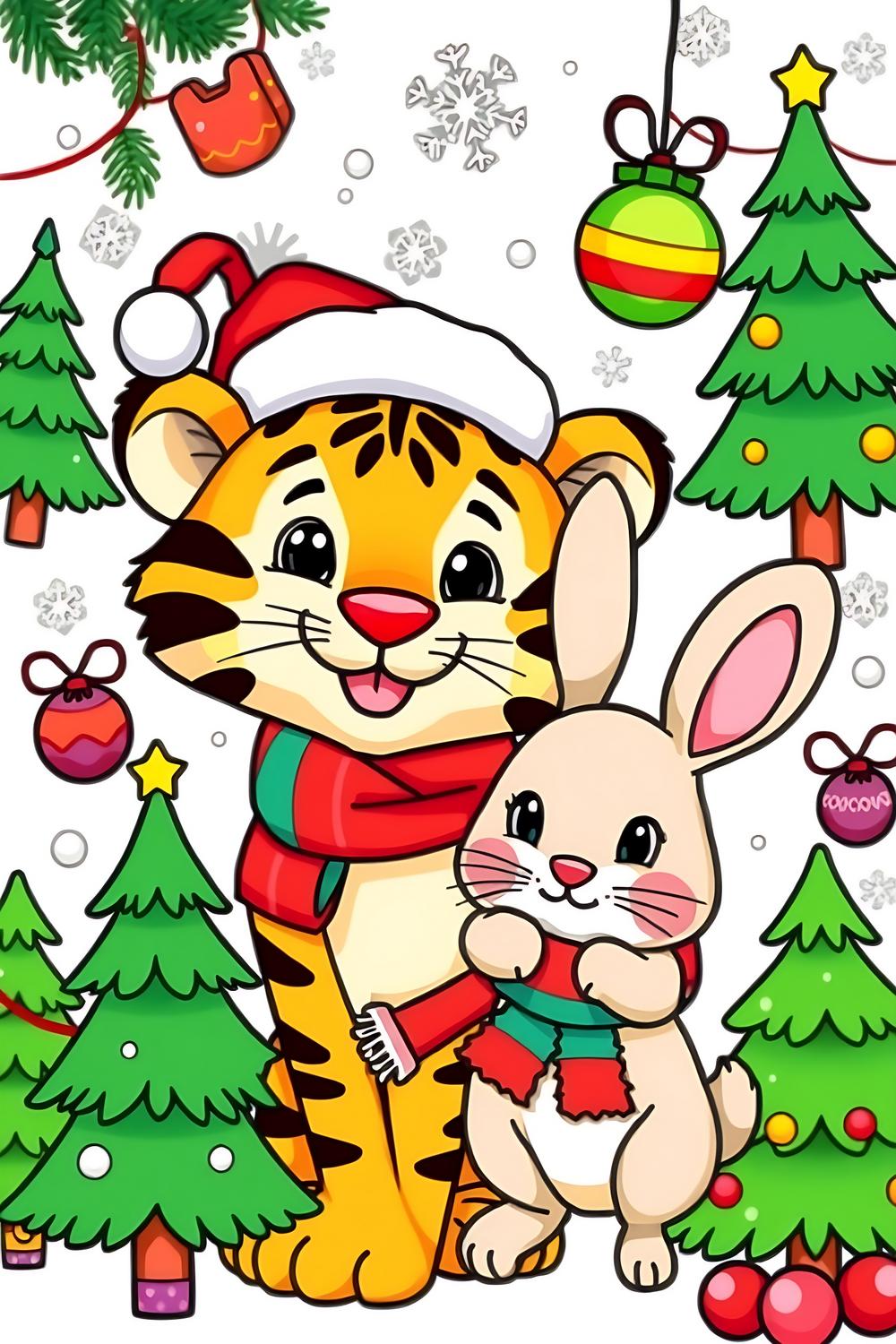 Colorful illustration of a Christmas Tiger and playful Rabbit for kids